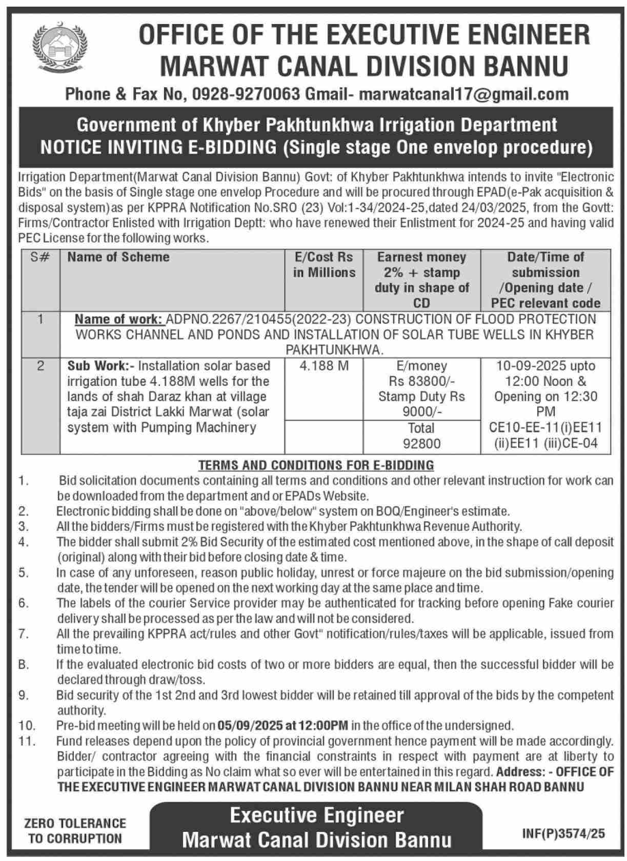 Marwat Canal Division Bannu Tender Notice